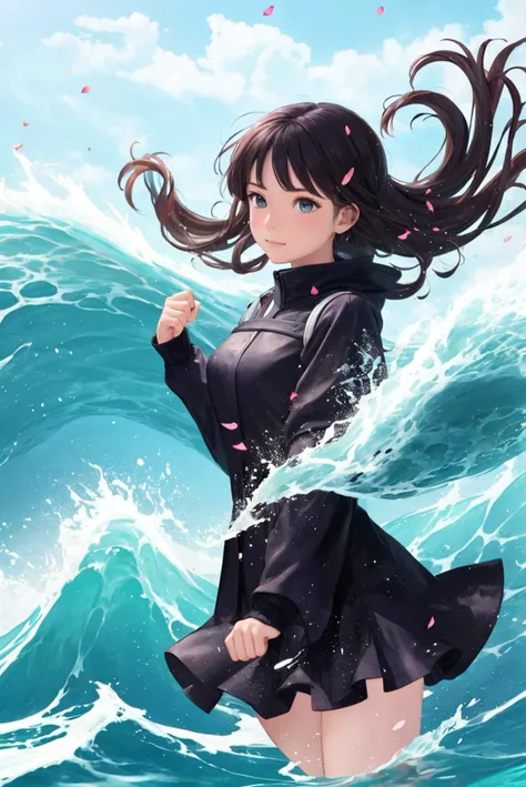1 girl, solo, fire wave, splashing water, shattered earth, wind blow, floating petal