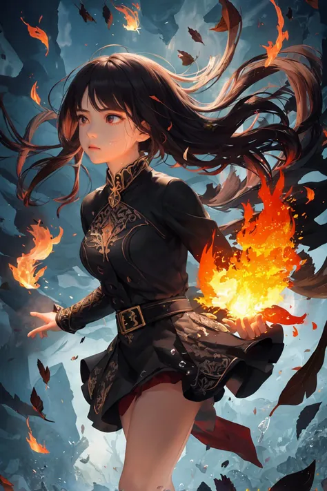 masterpiece, intricate detail, 1 girl, solo, (fire aura:1.3), splashing water, shattered earth, wind blow, floating leaf