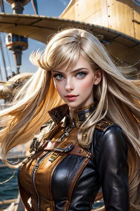 a steampunk-themed artwork featuring a beautiful woman as an intrepid airship captain, ready for adventure, platinum blonde hair, long bangs, award ribbon, military, major, realistic, parted lips, full body, wide shot, floating hair, wind