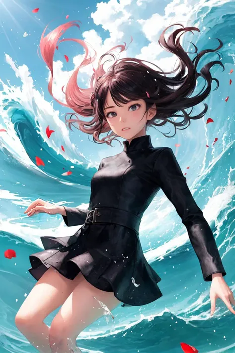 1 girl, solo, fire wave, splashing water, shattered earth, wind blow, floating petal