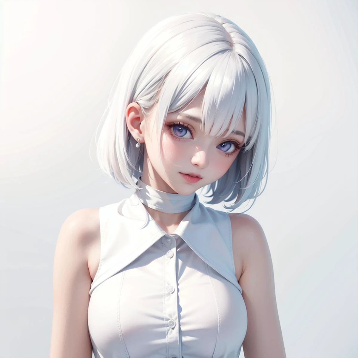 best quality, ultra high res, 1girl, sleeveless white button shirt, white skirt, white choker, cute, (aegyo sal:1), (platinum white hair:1), (detailed eyes)), looking at viewer, full body, facing front ,