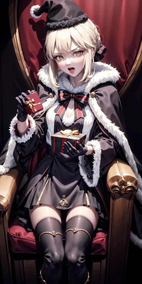 <lora:fate_saberalter_v2-08:1> , <lora:I_am_the_king:1>, <lora:Smug:1>, sabaltsanta, santa hat, santa costume, cape, fur trim, pantyhose, thigh boots, black gloves, royalpresence, sitting on throne, looking down, (holding gift box:1.2), ;3, smug, open mouth