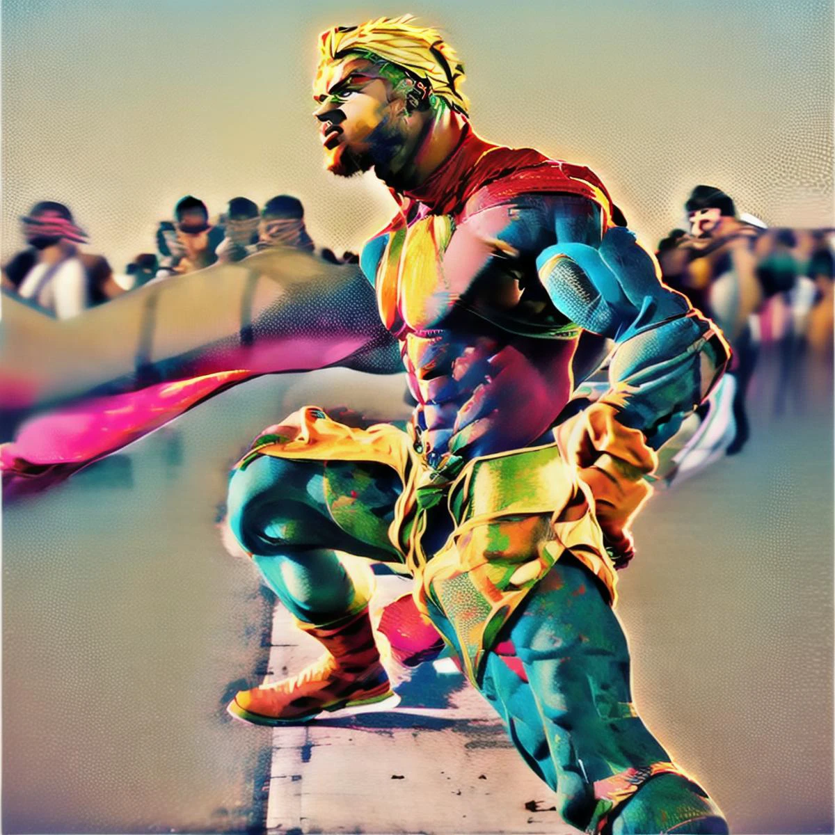 SUPER PERSPECTIVE, WIDE SHOT, FORESHORTEN, FIGHTING STANCE, PERFECTMAN, 1BOY, SOLO, BLONDE HAIR, BLUE EYES, SUPERHERO, CAPE, BROWN TIGHTS, RED BODYSUIT. LONG SLEEVES, MUSCULAR, <lora:PerfectMan_TheAwesomes_PXL_Leaf1:1> <lora:superpers:1> showing off to a crowd of humans in the city, <lora:Surreal_World:0.6> <lora:FaeStyle:0.4> <lora:SDXLFaeTastic2400:0.3> <lora:retro:1>