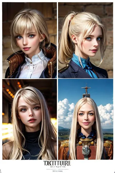 a steampunk-themed artwork featuring a beautiful woman as an intrepid airship captain, ready for adventure, platinum blonde hair, long bangs, award ribbon, military, major, realistic, parted lips, full body, wide shot, floating hair, wind