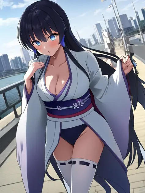 1girl, astaroth, kimono, cleavage, sash, white thighhighs, city, riverside, walking, masterpiece, best quality