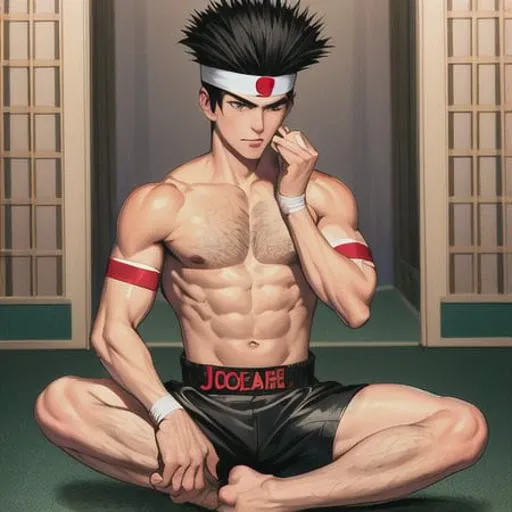 masterpiece, highquality, handsome, JoeHigashi, headband, spiked black hair, hairy chest, black shorts, meditating, lotus position, <lora:higashiKOF_1:1> <hypernet:samdoesartsHypernetwork_v422500Steps:0.058>