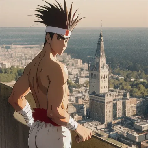 <lora:higashiKOF_1:1.5> JoeHigashi, orange shorts, (white headband), black spiked hair, on a pub, ghibli style, (anime style:1.5), holding a beer pint, view from high<hypernet:samdoesartsHypernetwork_v422500Steps:0.058> style-empire