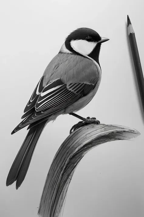 Great Tit on chair back <lora:iNaturalist_Birds:0.5>, (pencil sketch:1.2),
