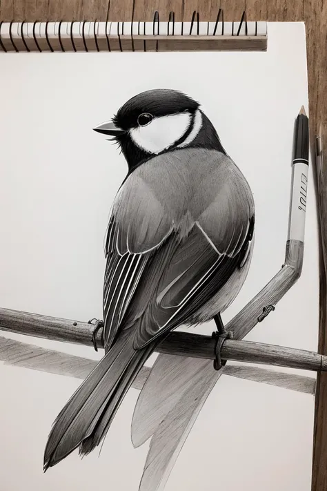 Great Tit on chair back <lora:iNaturalist_Birds:0.5>, (pencil sketch:1.2),