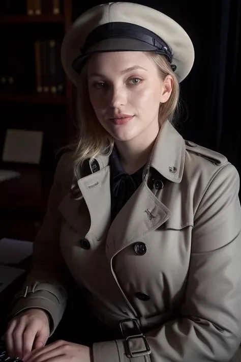 DEN_sophia_violet,
(a 1940s private investigator wearing a trench coat and rimmed hat sitting in a drab dank office at the desk using a typewriter, private investigator, 1940s:1.2),
bokeh, f1.4, 40mm, photorealistic, raw, 8k, textured skin, skin pores, intricate details  <lora:epi_noiseoffset2:1>, epiCRealism <lora:ClothingAdjuster3:-1>