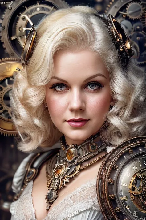 beautiful woman (EPJ34nH4rl0w:.99), perfect hair, jewellery, ((portrait)), (closeup:1.2), ((from the waist up)), ((( Steampunk city perspective featuring clockwork automatons as citizens :1.2 ))), natural skin texture, (( Lace dress :1.2)), 24mm, 4k textures, soft cinematic light, adobe lightroom, photolab, hdr, intricate, elegant, highly detailed, sharp focus, ((((cinematic look)))), soothing tones, insane details, intricate details, hyperdetailed, low contrast, soft cinematic light, exposure blend, hdr, faded, now, ("I've got a bad feeling about this.":1.1)