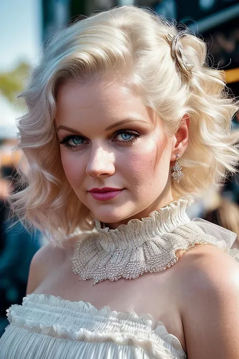 beautiful woman (EPJ34nH4rl0w:.99), perfect hair, jewellery, ((portrait)), (closeup:1.2), ((from the waist up)), ((( A bustling, modern city street during a lively, vibrant street fair :1.2 ))), natural skin texture, (( Smocked bodice dress :1.2)), 24mm, 4k textures, soft cinematic light, adobe lightroom, photolab, hdr, intricate, elegant, highly detailed, sharp focus, ((((cinematic look)))), soothing tones, insane details, intricate details, hyperdetailed, low contrast, soft cinematic light, exposure blend, hdr, faded, now, ("I've got a bad feeling about this.":1.1)