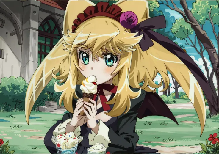 kanon goth, 1girl, looking at viewer, :<, holding, ice cream, <lora:hatorikanon:1>