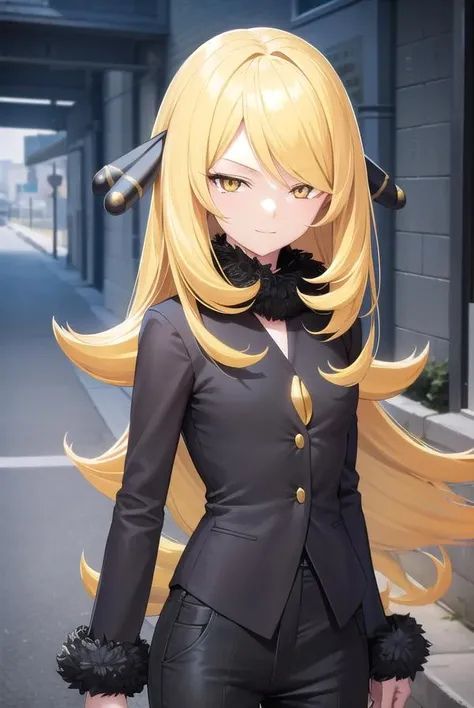pokemoncynthia, <lora:pokemoncynthia-lora-nochekaiser:1>,
pokemoncynthia, blonde hair, hair ornament, hair over one eye, long hair, (yellow eyes:1.5), <lora:sensualface_type1:1>, smile,
BREAK black coat, black pants, black shirt, coat, fur collar, fur trim, fur-trimmed sleeves, pants, shirt,
BREAK looking at viewer, upper body, full body, (cowboy shot:1.5),
BREAK outdoors, nature, sky,
BREAK <lyco:GoodHands-beta2:1>, (masterpiece:1.2), best quality, high resolution, unity 8k wallpaper, (illustration:0.8), (beautiful detailed eyes:1.6), extremely detailed face, perfect lighting, extremely detailed CG, (perfect hands, perfect anatomy),