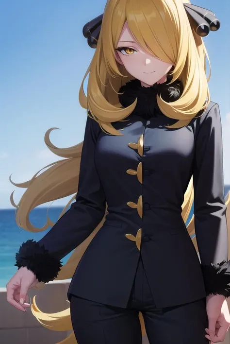 pokemoncynthia, <lora:pokemoncynthia-lora-nochekaiser:1>,
pokemoncynthia, blonde hair, hair ornament, hair over one eye, long hair, (yellow eyes:1.5), <lora:sensualface_type1:1>, smile,
BREAK black coat, black pants, black shirt, coat, fur collar, fur trim, fur-trimmed sleeves, pants, shirt,
BREAK looking at viewer, upper body, full body, (cowboy shot:1.5),
BREAK outdoors, nature, sky,
BREAK <lyco:GoodHands-beta2:1>, (masterpiece:1.2), best quality, high resolution, unity 8k wallpaper, (illustration:0.8), (beautiful detailed eyes:1.6), extremely detailed face, perfect lighting, extremely detailed CG, (perfect hands, perfect anatomy),