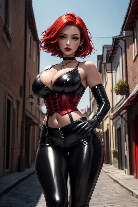 bimbo, 20 years old, platform boots, perfect fake boobs, tattoos, tight latex, red hair