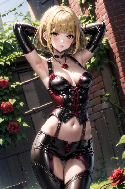 (masterpiece,best quality, detailed), 1girl, solo, outdoors, brick wall, against wall, (vines, rose, red rose), cowboy shot, arms behind head, smile, parted lips, elbow gloves, black choker, necklace, leather pants, corset, midriff, bare shoulders, knee boots, dutch angle, looking at viewer, midorikawa hana,
<lora:BloodrayneV6:1.05>,  <lora:more_details:0.5>,  <lora:MidorikawaHanaV8:1>