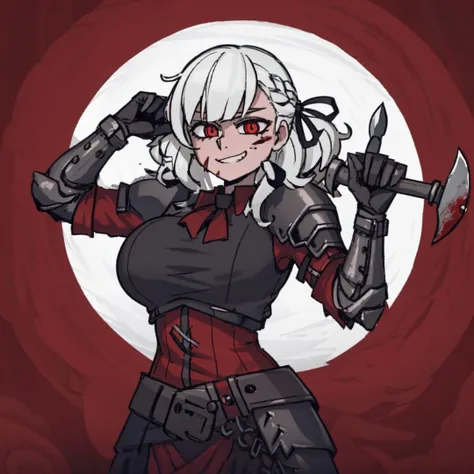 1girl,black background,from above,looking at viewer,cowboy shot,
<lora:Helltaker:0.6>,<lora:SPASArmor:1>,spasarmor,hair ribbon,red eyes,twintails,braid,armor,plate armor,gradient hair,huge breasts,evil grin,holding a axe,white skin,blood on face,