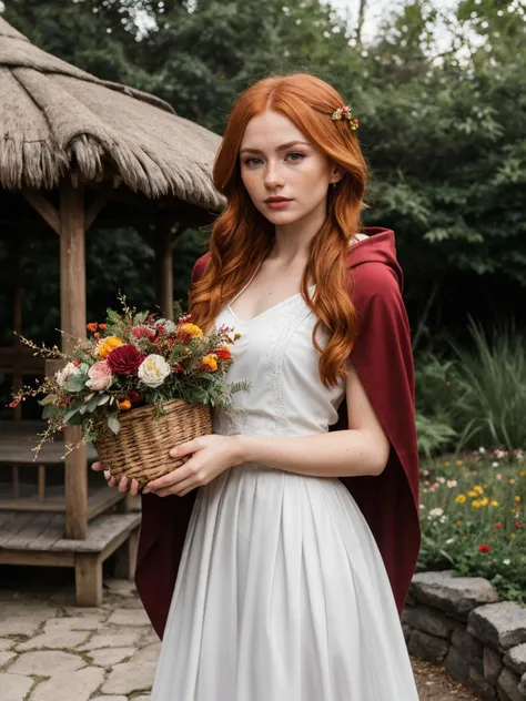 (Fashion Photography, Award Winning), photograph, RAW photo, character dressed as Red Riding Hood wearing a burgundy hooded cape, white blouse, pleated skirt, practical walking shoes, red lipstick, carrying a wicker basket, celestial Garden Pavilion, Idyllic retreat with a thatched roof, wooden benches with floral-patterned cushions, intricately woven wicker furniture, fragrant jasmine vines climbing trellises, and a tranquil koi pond with a stone bridge crossing over it, bob hair, (upper body shot:1.5), by Steve McCurry, 35mm, F/2.8, ((Photo Focus, DOF, Aperture, hypermaximalist, revealing, appealing, attractive)), (masterpiece, best quality, highres:1.2), (photorealistic:1.2), (intricate and beautiful:1.2), (detailed light:1.2), (colorful, dynamic angle), (official art), (perfect skin), (sharp), epiCRealism, epiCPhoto, Tower13_Zora