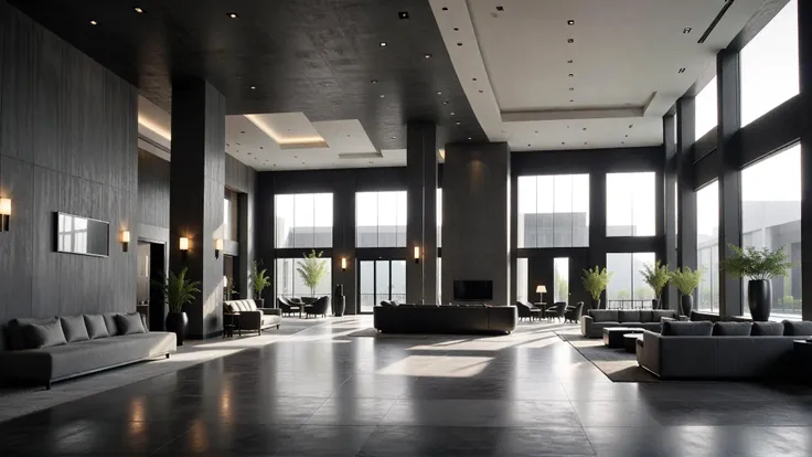 Hotel public space,bright lobby,sunny indoor,comfortable sunshine, Black and white modern style,dark dark cement style,Minimalism, 8K,HD,High Quality,High Resolution,Details,Realism,Masterpiece,Realism,Masterpiece,