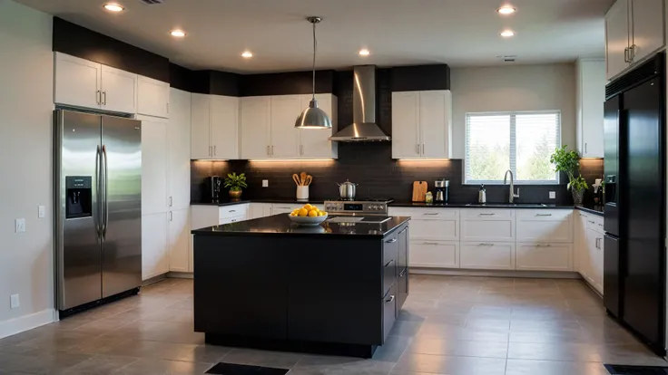 modern kitchen,stainless steel appliances,interior design,kitchen island,white cabinets,built-in oven,neutral color palette,open shelving,recessed lighting,under-cabinet lighting,fruit bowl,range hood,dark gray backsplash,black countertop,clean lines,window blinds,minimalist style,tiled floor,electric cooktop,high-end finishes,coffee machine,no people,refrigerator,