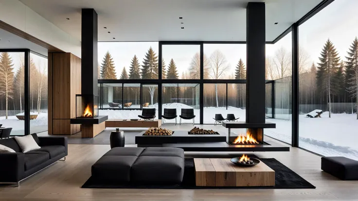 RAY-BL,modern interior design, fireplace, floor-to-ceiling windows, minimalist, monochrome color palette, indoor, luxury, natural light, wood storage, contemporary furniture, clean lines, open space, architectural details, high contrast, reflective surfaces, metal, glass, black and white, winter landscape outside, spacious, elegant