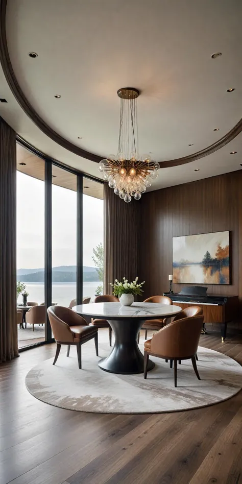 modern interior design,open floor plan,dining area,round dining table,upholstered chairs,pendant light,panoramic window,lake view,grand piano,luxury living room,gray and brown color palette,dark wood paneling,recessed ceiling,natural light,floor-to-ceiling curtains,abstract wall art,marble flooring,contemporary,minimalist design,high-end furniture,large space,indoor plant,elegant,