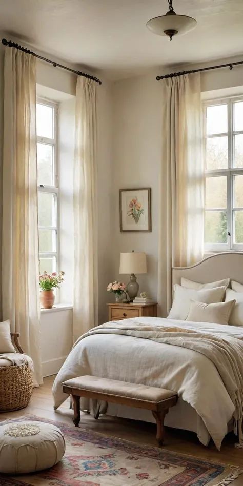 AiARTiST,RAY-WW-VVD,HOUSE_IN_WHITE,Cozy cream bedroom with plush bedding, soft linen curtains, and a subtle pop of color from decorative pillows, natural light, bohemian-chic style, intimate and dreamy, watercolor