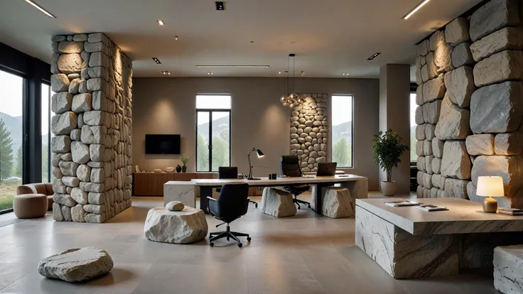 8K,high-definition,high quality,high resolution,details,realism,masterpieces,realism,masterpieces, Stone office,a modern architectural office decorated with oversized stones,creating a natural and harmonious atmosphere,