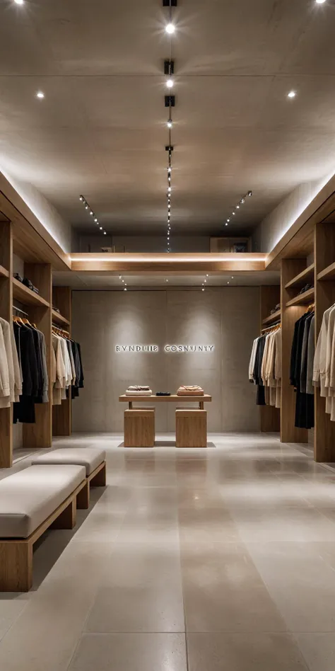 boutique interior,modern design,luxury fashion store,minimalist style,neutral color palette,sleek shelving,glass partitions,elegant lighting,concrete and wood materials,designer garments,high-end retail space,symmetrical layout,central seating,spotlighting,warm ambient tones,contemporary fashion display,clean lines,spacious environment,organized racks,polished floor,