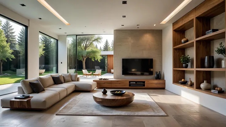 AiARTiST,MO-ID,modern interior design, minimalist living room, built-in flat screen TV, open space, geometric ceiling design, natural light, neutral color palette, indoor tree, display shelves, decorative objects, wood and stone materials, large format tile flooring, reflection on coffee table, clear image quality, wall art, ambient lighting, contemporary furniture, wall-mounted storage, clean lines, visible outdoor area, floor-to-ceiling window
