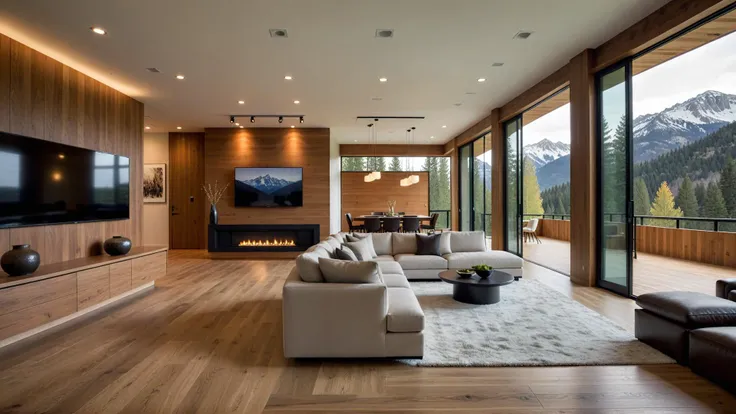 AiARTiST,MO-ID,Modern interior design, open floor plan, minimalist decor, neutral color palette, natural light, hardwood flooring, recessed ceiling, pendant lighting, large windows, mountain view, built-in shelving, wood accent wall, flat-screen television, contemporary furniture, dining area, living room, sliding door, plush sofa, clean lines, decorative vase, subtle textures, cohesive design scheme