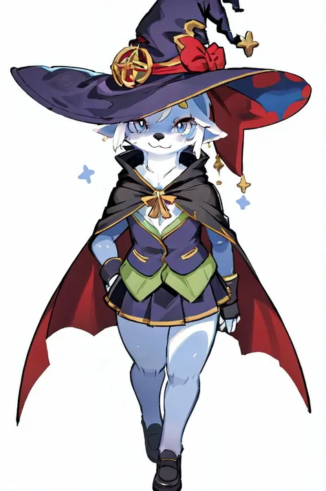 (masterpiece, best quality, hires), <lora:bdoPapu:0.7>, bdopapu, illustration, furry, front view, mmcosplay, <lora:mmcosplay:0.4>, eyelashes, top hat, witch hat, cape, short legs, solo, front view, skirt, white face
