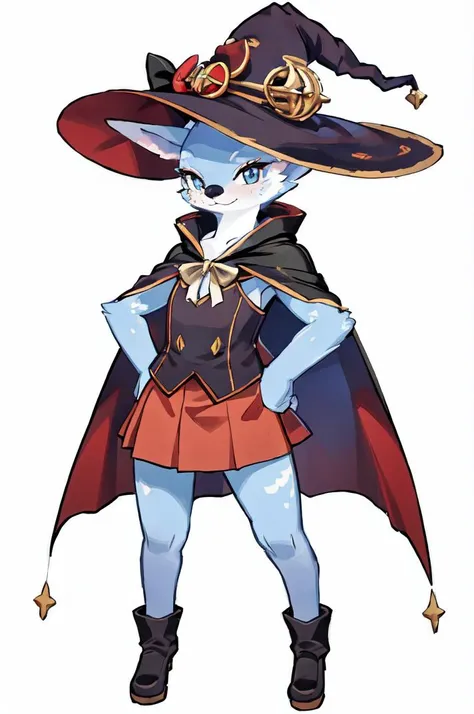 (masterpiece, best quality, hires), <lora:bdoPapu:0.7>, bdopapu, illustration, furry, front view, mmcosplay, <lora:mmcosplay:0.4>, eyelashes, top hat, witch hat, cape, short legs, solo, front view, skirt, white face
