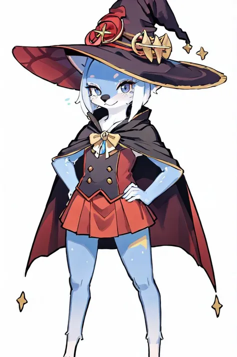 (masterpiece, best quality, hires), <lora:bdoPapu:0.7>, bdopapu, illustration, furry, front view, mmcosplay, <lora:mmcosplay:0.4>, eyelashes, top hat, witch hat, cape, short legs, solo, front view, skirt, white face, hands on hips,