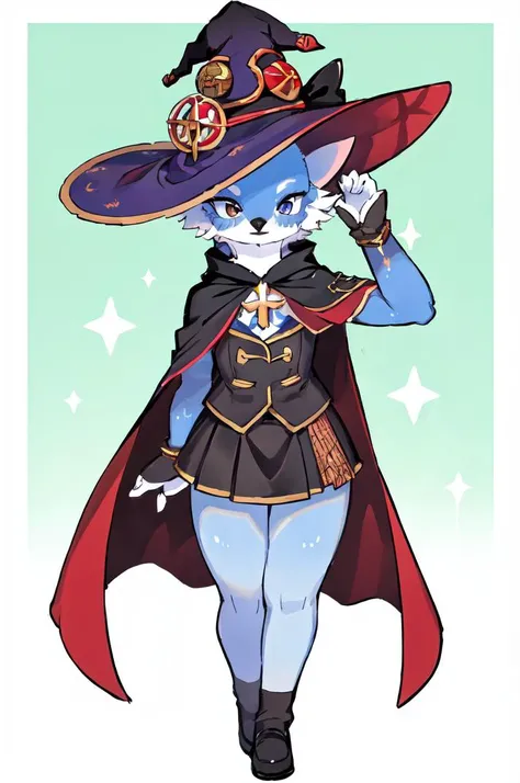 (masterpiece, best quality, hires), <lora:bdoPapu:0.7>, bdopapu, illustration, furry, front view, mmcosplay, <lora:mmcosplay:0.4>, eyelashes, top hat, witch hat, cape, short legs, solo, front view, skirt, white face
