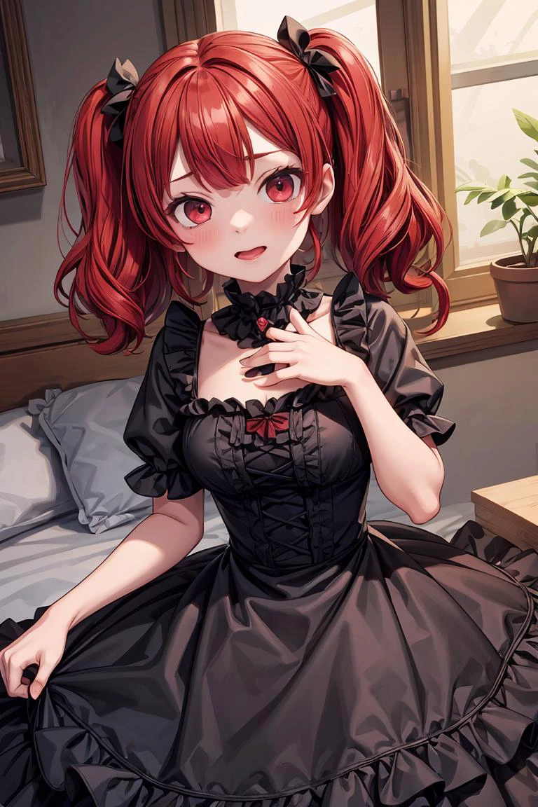 (masterpiece, best quality), 1girl, red hair, medium chest, gothic frill dress, pervert face, <lora:add_detail:1>
