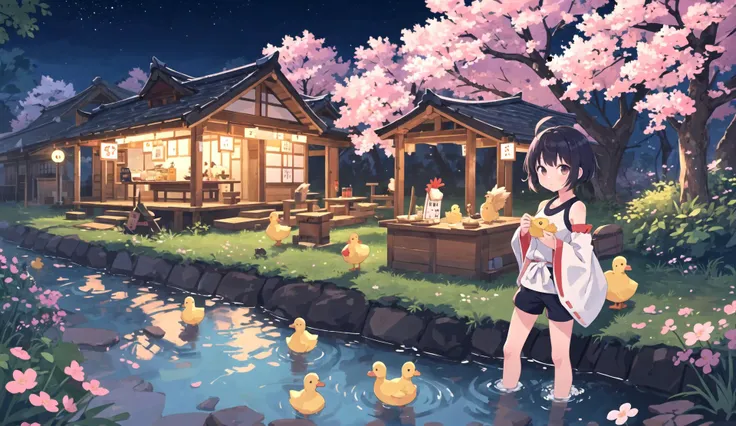 (masterpiece,best quality,highres,colorful,1girl,solo),(izakaya,hut,sakura,town,city,village,night,nature,forest,stream,chicken,duck),food,short hair,ahoge,detached sleeves,miko,gym shorts,looking at viewer,