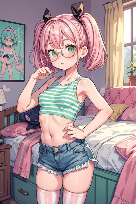 (masterpiece, best quality), 1girl, small breasts, small hips, green eyes, pink hair, crop top, denim shorts, bedroom, striped thighhighs, pervert, petite, glasses, <lora:add_detail:1>,