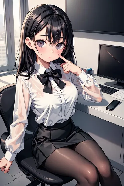 (masterpiece, best quality), a young black haired girl office secretary dressed in a transparent white blouse and black office skirt and black pantyhose ,sitting in an office chair, holding pencil, (detailed skin:1.3),(detailed eyes), (sharp focus), <lora:add_detail:1>