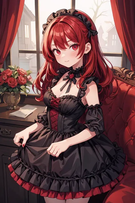 (masterpiece, best quality), 1girl, red hair, medium chest, gothic frill dress, pervert face, <lora:add_detail:1>