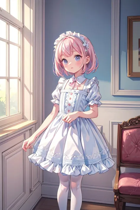 (masterpiece, best quality), 1girl, blue and white frill dress, (white stockings), pink hair, cute face, standing, indoor, intricate detail, sunlight, <lora:add_detail:1>