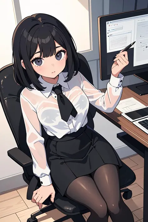 (masterpiece, best quality), a young black haired girl office secretary dressed in a transparent white blouse and black office skirt and black pantyhose ,sitting in an office chair, holding pencil, (detailed skin:1.3),(detailed eyes), (sharp focus),