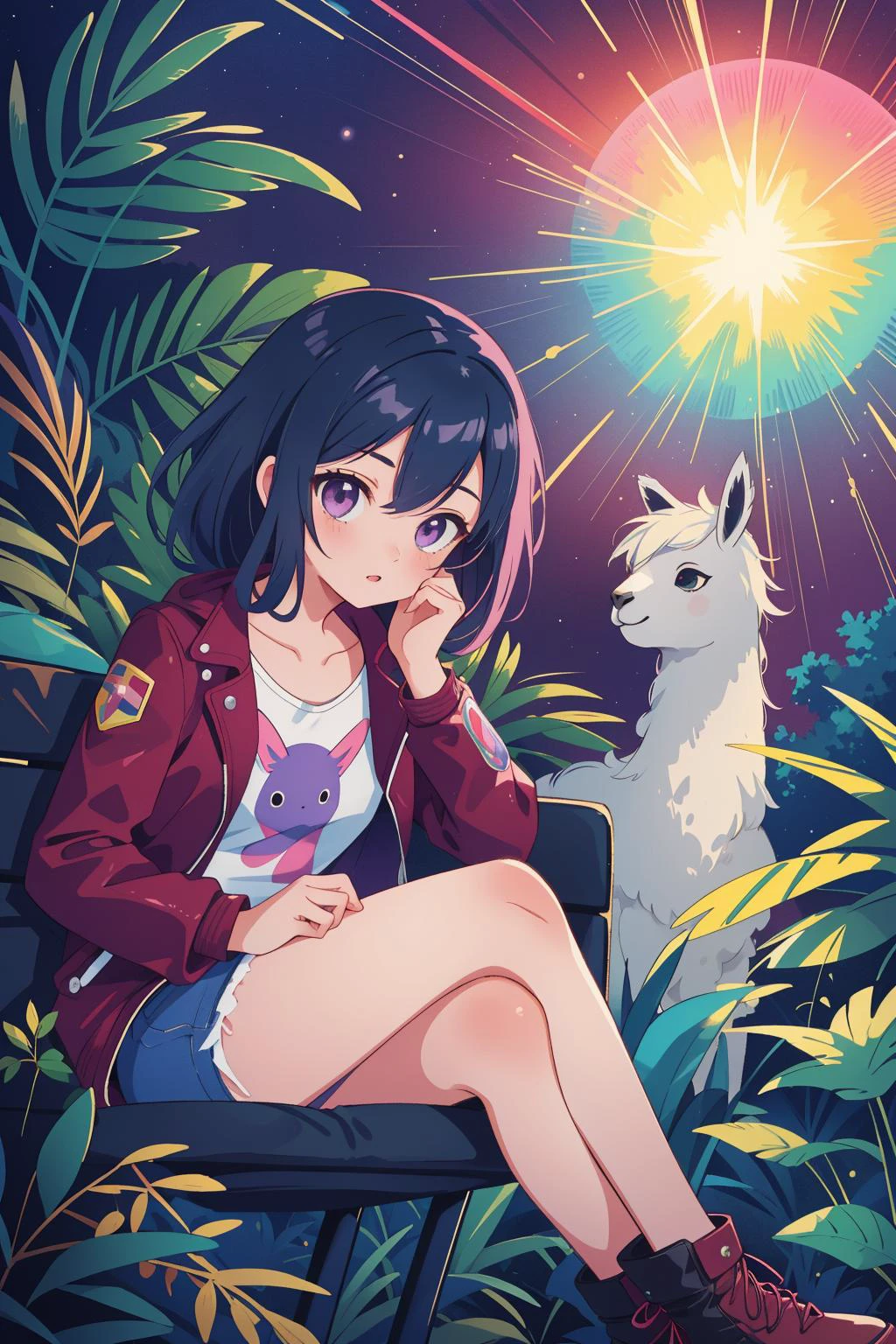 1girl, (colorful art designed by Aase Berg:0.8) , abstract art, masterpiece Physically based render, lush jungle and forest, (Burgundy theme:0.7) , upper body shot of a Grungepunk Scenic ([Llama|David Duchovny]:1.3) with fluorescent patterns as a Dark Souls Boss, the Llama is dressed in its Nigerian Leather jacket, The Leather jacket is Rust, Crossed legs, Gamma-ray burst background, Clear skies, Bokeh, Fine art, Angry, Cubo-futurism, Moonlight, F/5, dark pink and Indigo hue, Kintsugi, dripping dark green, most beautiful artwork in the world, extremely hyper aesthetic, cute