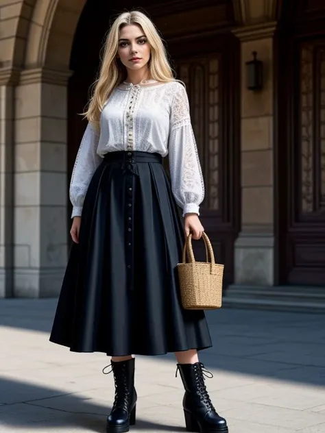 <lora:LCM_LoRA_Weights_SD15:1>
Vickie_Zane,
peasant blouse with a full midi skirt, a pair of heeled clogs or lace-up boots, and a basket bag,
The Tower of Shadows,