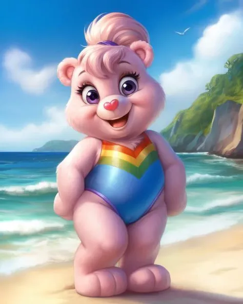 (cheerbear1.2), care bears, (head tuft:1.2), (ponytail:1.2), tight two piece blue bikini, (big feet:1.2), full body portrait, heart shaped nose, [belly], female, short legs, short arms, purple eyes with black pupils, eyelashes, suggestive, pretty, cute, adorable, very fluffy, fur tufts, paws, happy, excited, half-lidded eyes, (looking at viewer), (aerial_photography),
BREAK, masterpiece, best quality, realistic, soft focus, outside, beach, sky, rainbows, ocean, by thomas kinkade, <lora:CheerBear:0.4>,