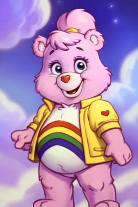 cheerbear, care bears, belly tattoo, standing, head tuft, ponytail, jacket, yellow clothing, smiling at viewer, happy, on a cloud, cloudscape, night, dynamic pose <lora:CheerBear:0.8>, uploaded on e621, (detailed background, depth of field), (intricate:1.1), (high detail:1.2), (soft focus), (masterpiece, best quality, 4k, 2k, shaded, absurd res), by CyanCapsule, by Hallogreen, by Carrot, by Foxovh