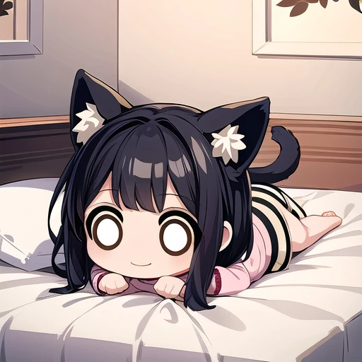 <lora:hotarueye_whiteeye9_v100:1.5>, 1girl, (chibi:1.4), smile, closed mouth, upper body, lying on bed, animal ear, black hair, indoors