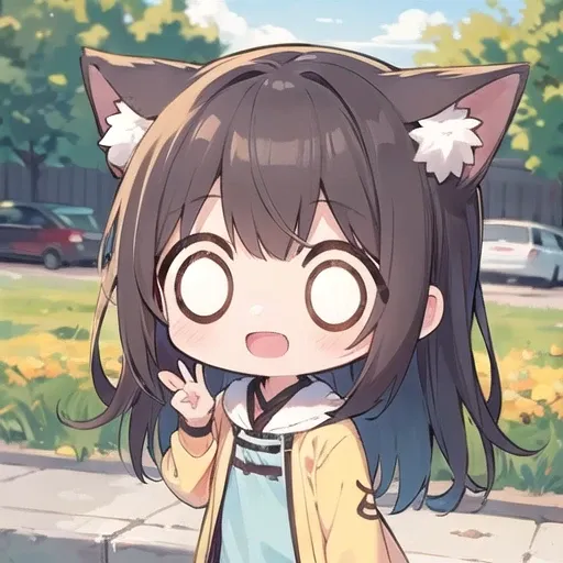 <lora:hotarueye_whiteeye9_v100:1>, 1girl, (chibi:1.4), smile, open mouth, upper body, standing, animal ear, brown hair, outdoor