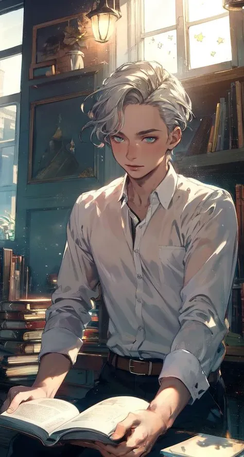 realistic, (best quality, masterpiece:1.3),
1boy,solo, reading,
silver hair, bright pupils, short hair, hair slicked back,black long sleeve shirt,
study, near the window, well-lit,
fansty world <lora:fansty world_20230601105102:0.7>